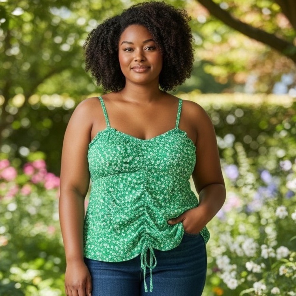 Lush Green Floral Ruched Front Smocked Back Camisole Top Cottagecore Fairy 2X